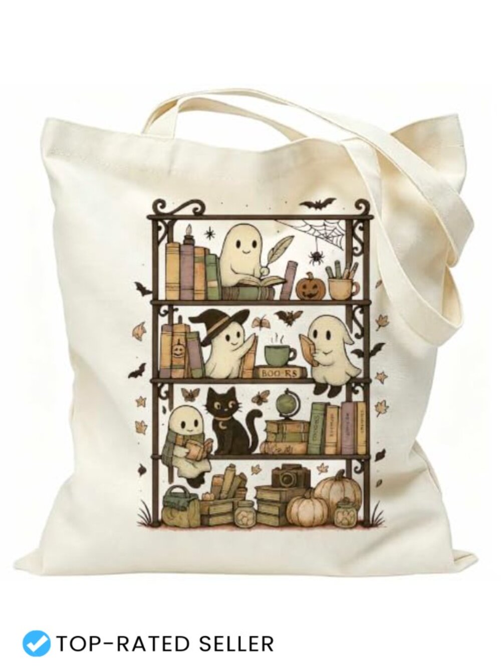 Halloween Book Lover Canvas Tote Bag Bookish Gift for Readers Black Cat Pumpkin
